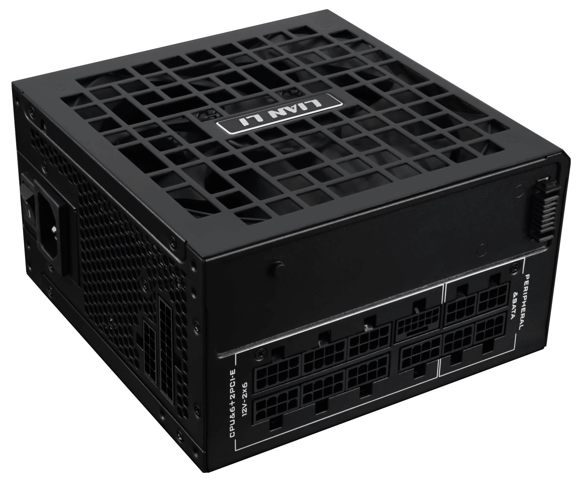 Eine schwarze Stromversorgungseinheit für Computer mit mehreren Anschlussanschlüssen, die Branding auf der Oberseite und Belüftungsgitter zur Kühlung aufweist.