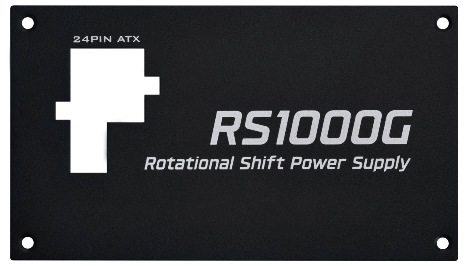 'RS1000G Rotational Shift Stromversorgung' Etikett mit '24PIN ATX' Schaltplan auf schwarzem Hintergrund.