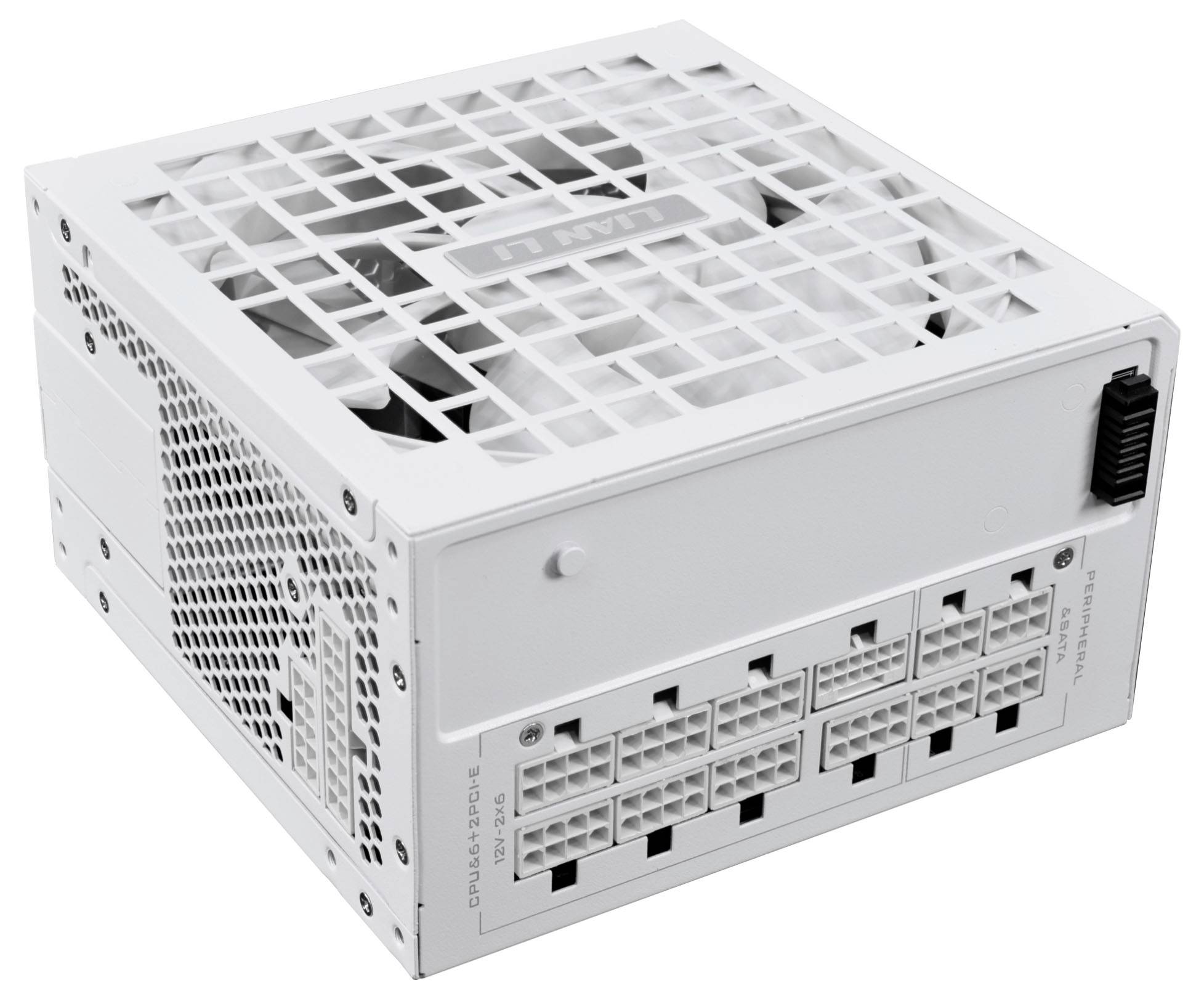 Eine weiße Stromversorgungseinheit für Computer mit sichtbarem Lüfter oben und mehreren Anschlüssen an der Seite.