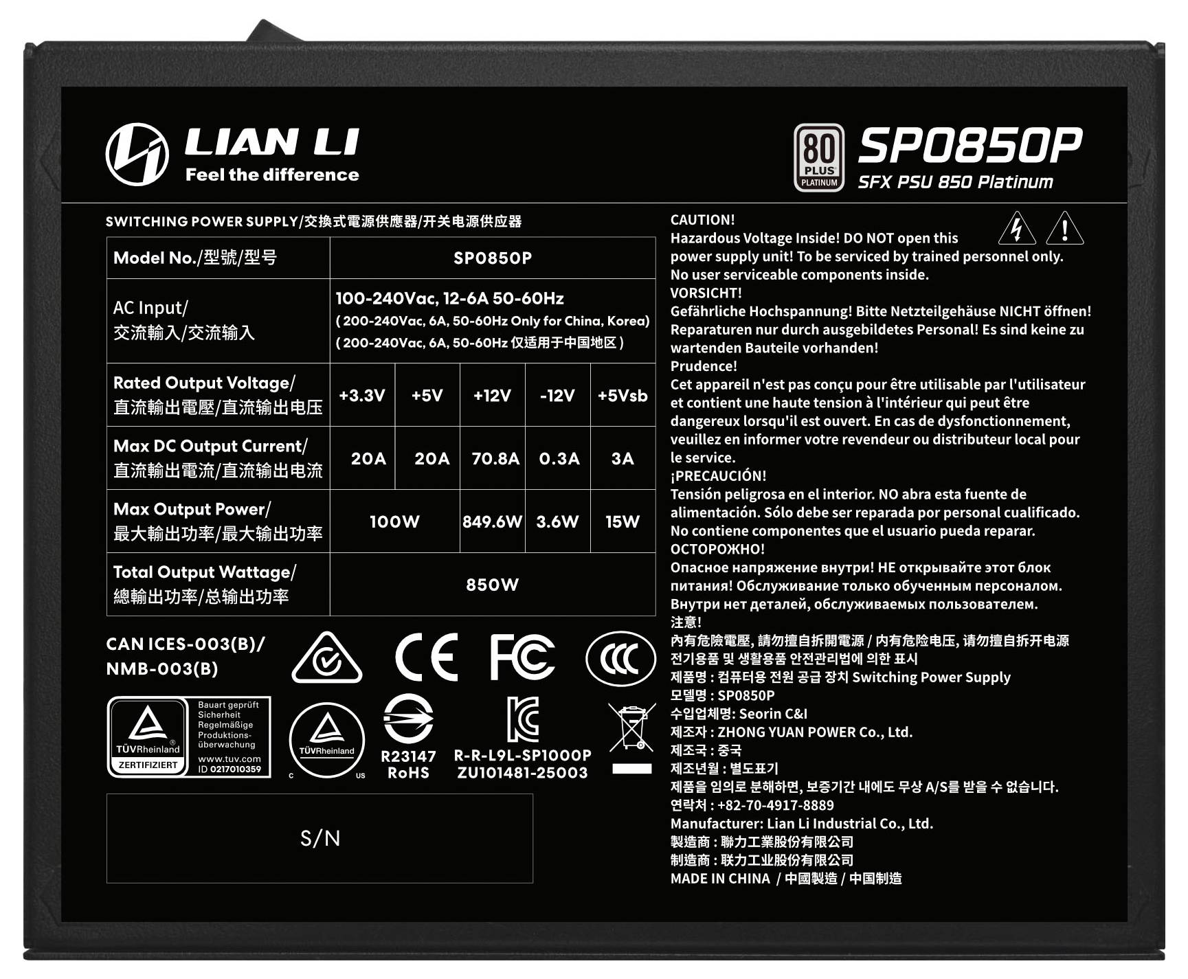 LIAN LI SP0850P SFX PSU 850 Platinum Stromversorgungsunit mit Etikett mit Eingabe-/Ausgabespannungsspezifikationen, Sicherheitswarnungen und Zertifizierungslogos.