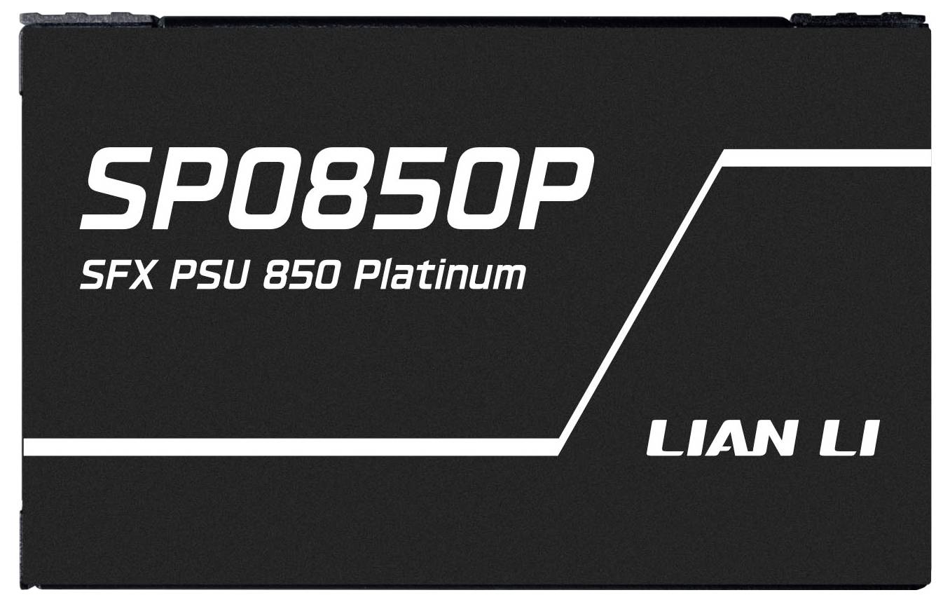 'Lian Li SP0850P SFX PSU 850 Platinum' Text auf einem schwarzen Netzteil.