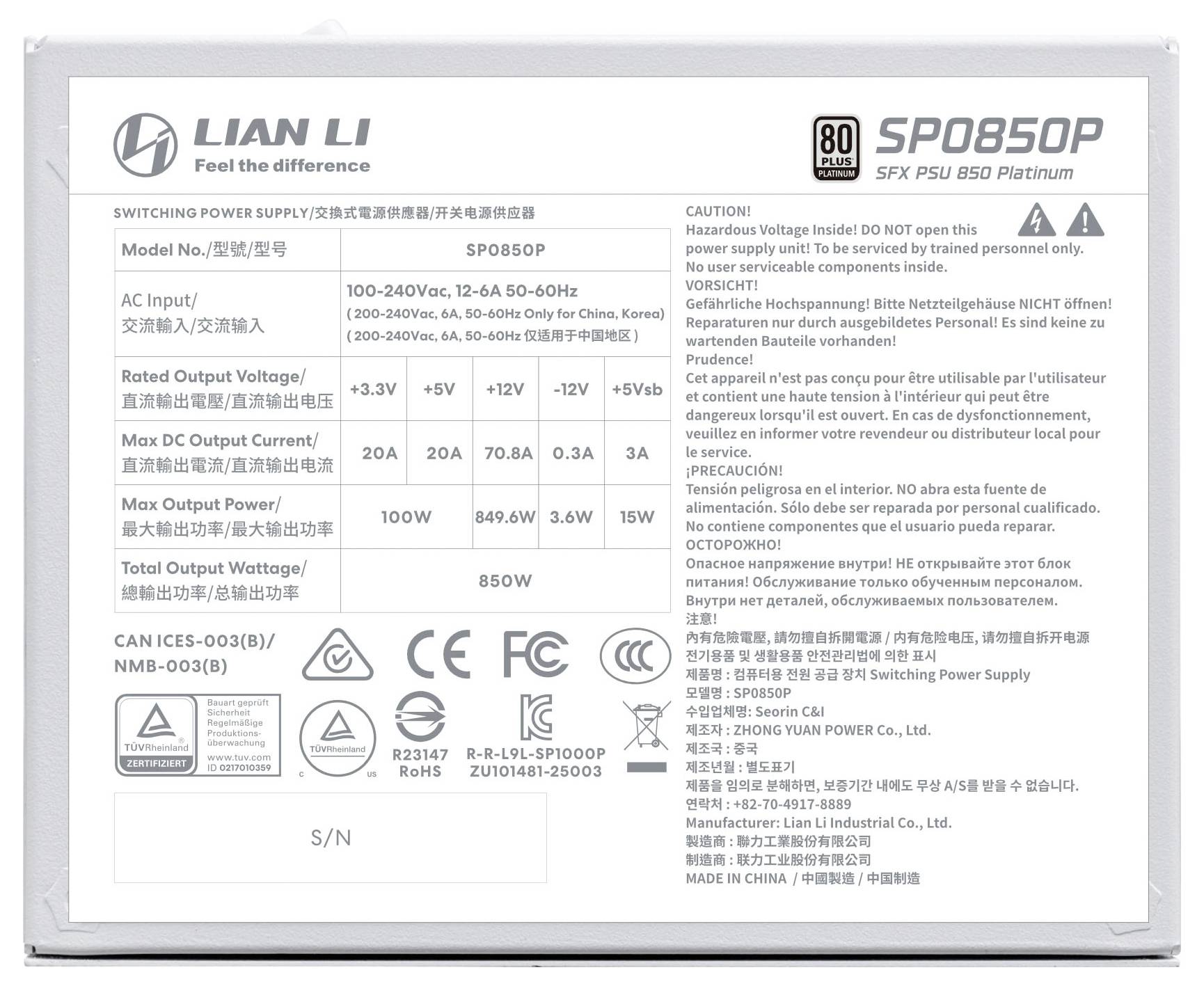 Lian Li SP0850P SFX Netzteil – Kastendetails: 850W Stromversorgung, AC-Eingang 100-240V, DC-Ausgang 3,3V bis 12V, 80-Plus-Platin-Effizienz. Sicherheitsinformationen enthalten.