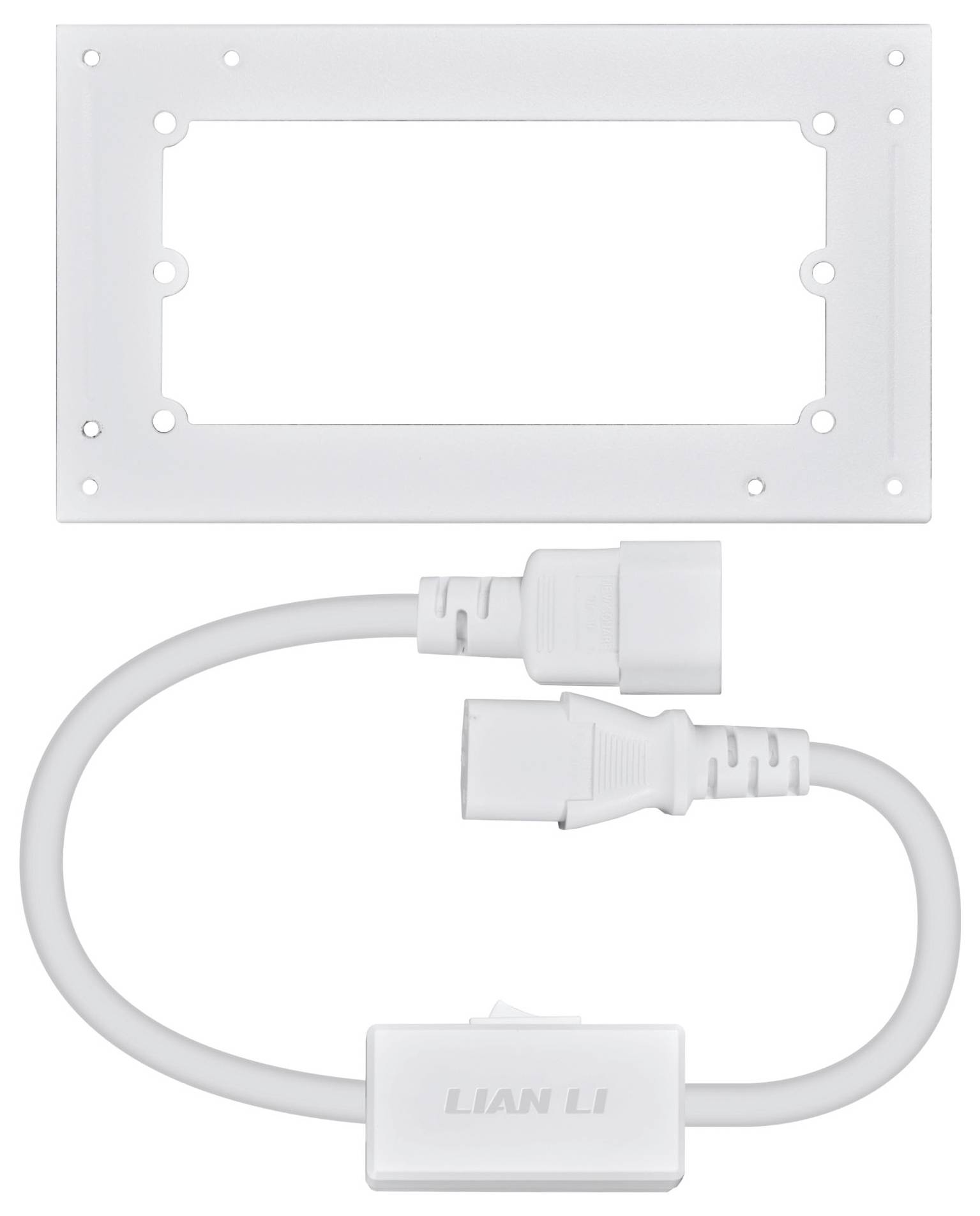 'LIAN LI' Adapter-Kit mit rechteckiger Montageklammer und weißem Verlängerungskabel für die Installation von Computerhardware.