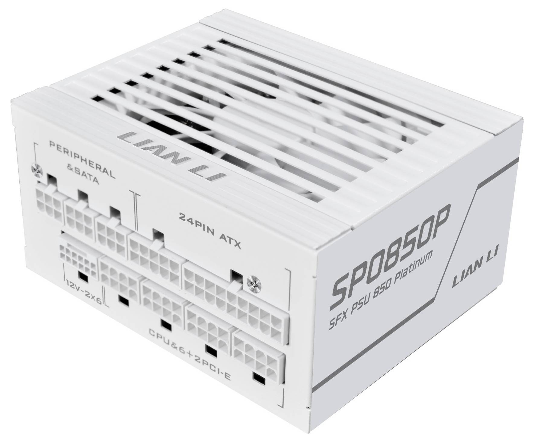 Netzteil „SP850P SFX PSU 850 Platinum" von Lian Li mit mehreren Anschlüssen für Peripherie-, SATA-, ATX-, CPU- und PCI-E-Verbindungen.