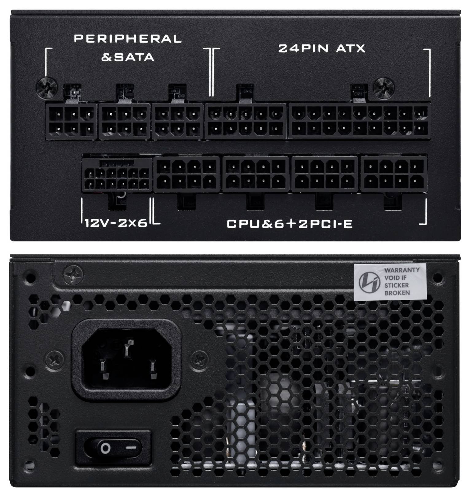 Abbildung einer Stromversorgungseinheit mit mehreren Anschlussanschlüssen mit den Bezeichnungen Peripheral & SATA, 24pin ATX, 12V-2x6, CPU & 6+2PCI-E und einem Stromschalter.