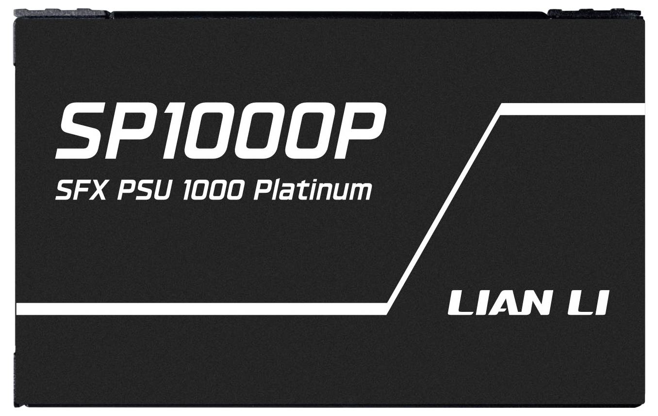 'Lian Li SP1000P SFX PSU 1000 Platinum' Text auf einer schwarzen Stromversorgungseinheit mit weißen Linien und Markenlogo.