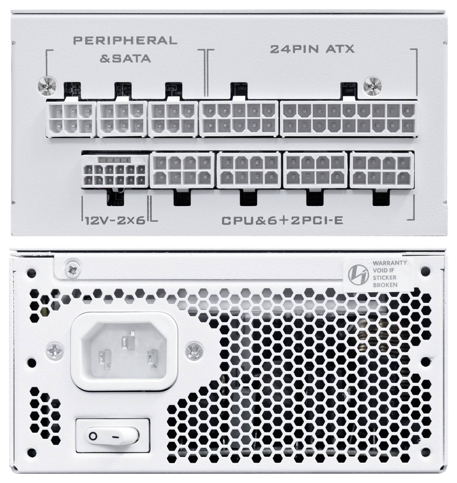 Stromversorgungseinheit mit Anschlüssen für Peripherie, SATA, 24-Pin-ATX, CPU und PCI. Eingangsbuchse und Lüftungsgitter.