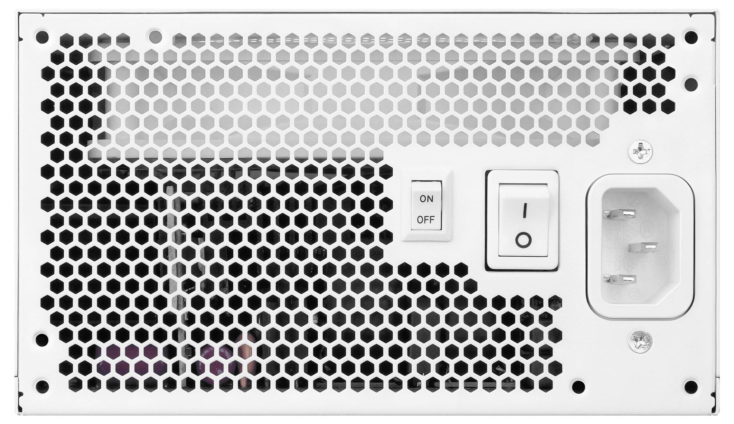 Rückansicht eines Computernetzteils mit Wabenbelüftung, einem Ein-/Ausschalter und einer Stromeingangsbuchse.