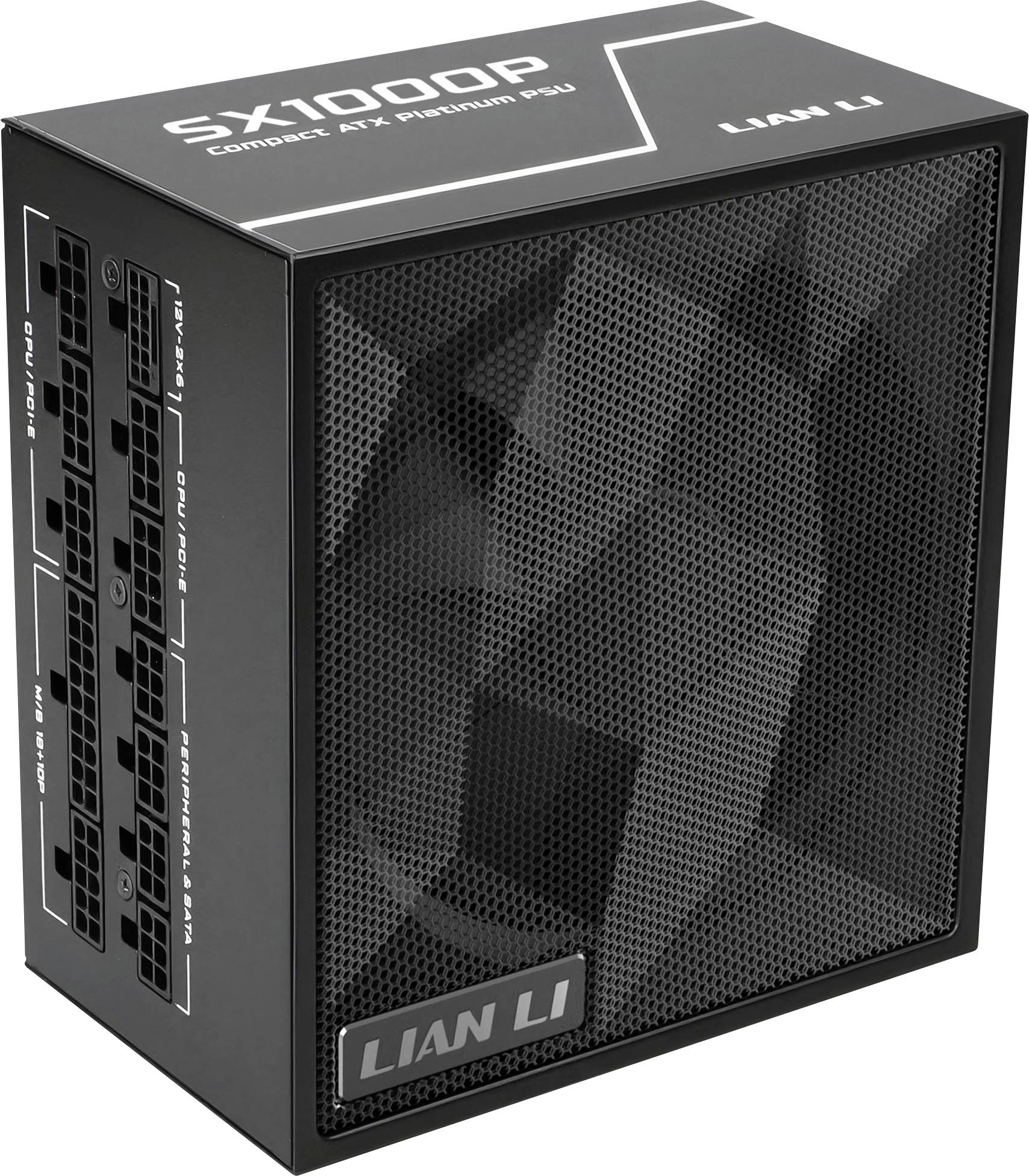 'Lian Li SX1000P Kompakt-ATX-Premium-Netzteil' mit Seitenplattformanschlüssen und Branding. Schwarzes und metallisches Design mit Mesh-Vorderseite.