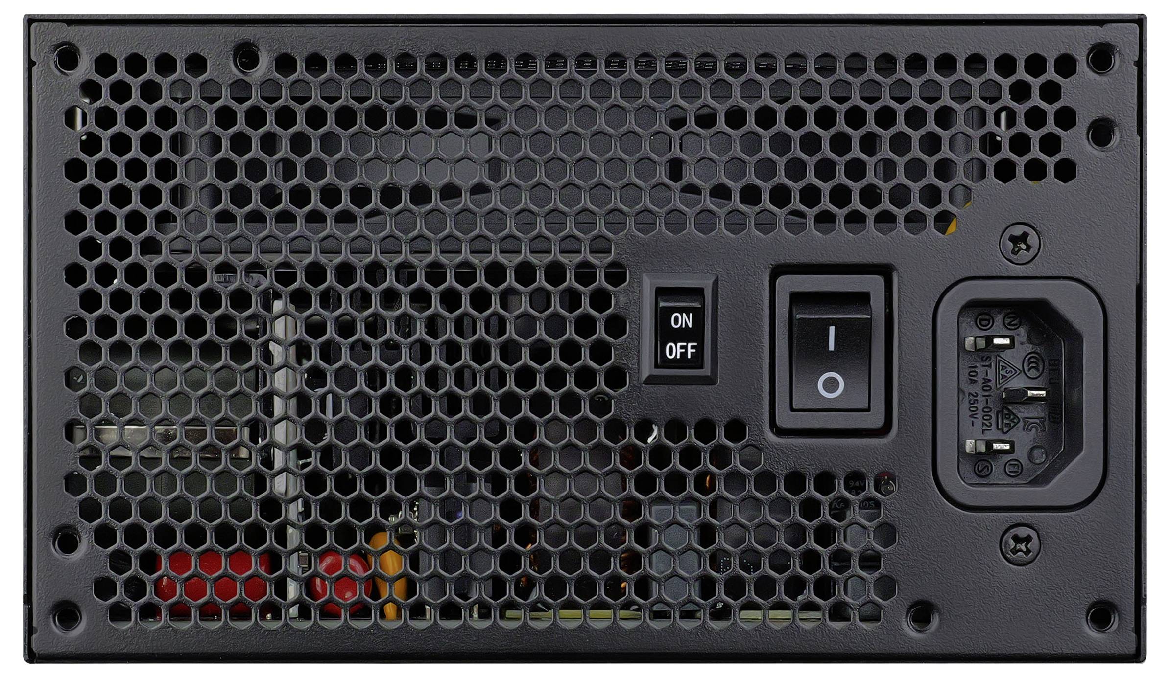 Rückansicht einer Stromversorgungseinheit für Computer mit Stromschalter, Stromsteckdose und Lüftungsgitter.