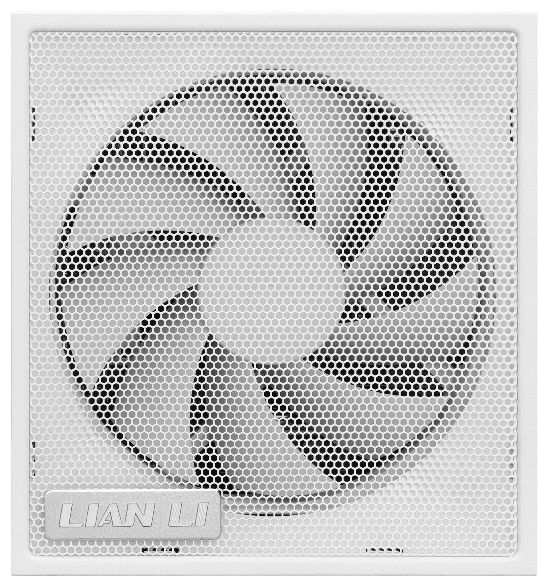 Ein Computergehäuselüfter mit einem weißen sechseckigen Gitter und sieben dunklen Schaufeln, Marke „Lian Li