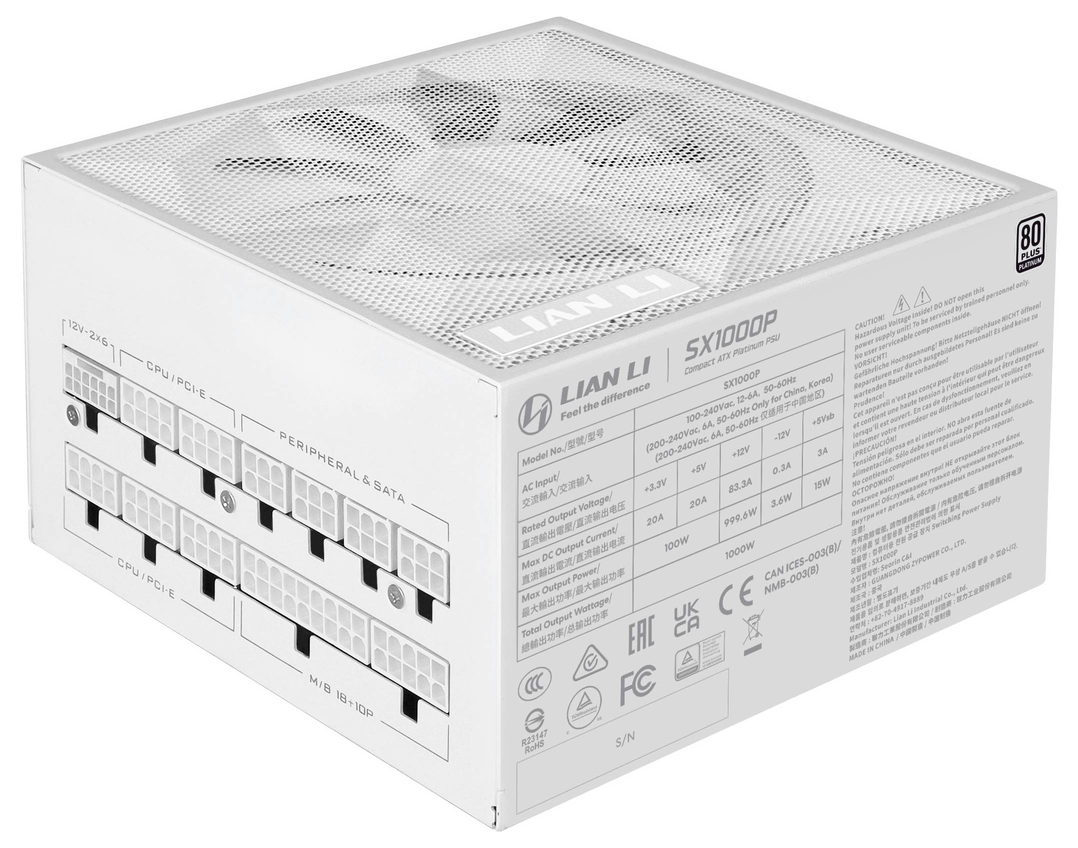 Ein modulares Netzteil vom Typ Lian Li SX1000P mit mehreren Anschlussanschlüssen und auf der Seite aufgedruckten Spezifikationen.