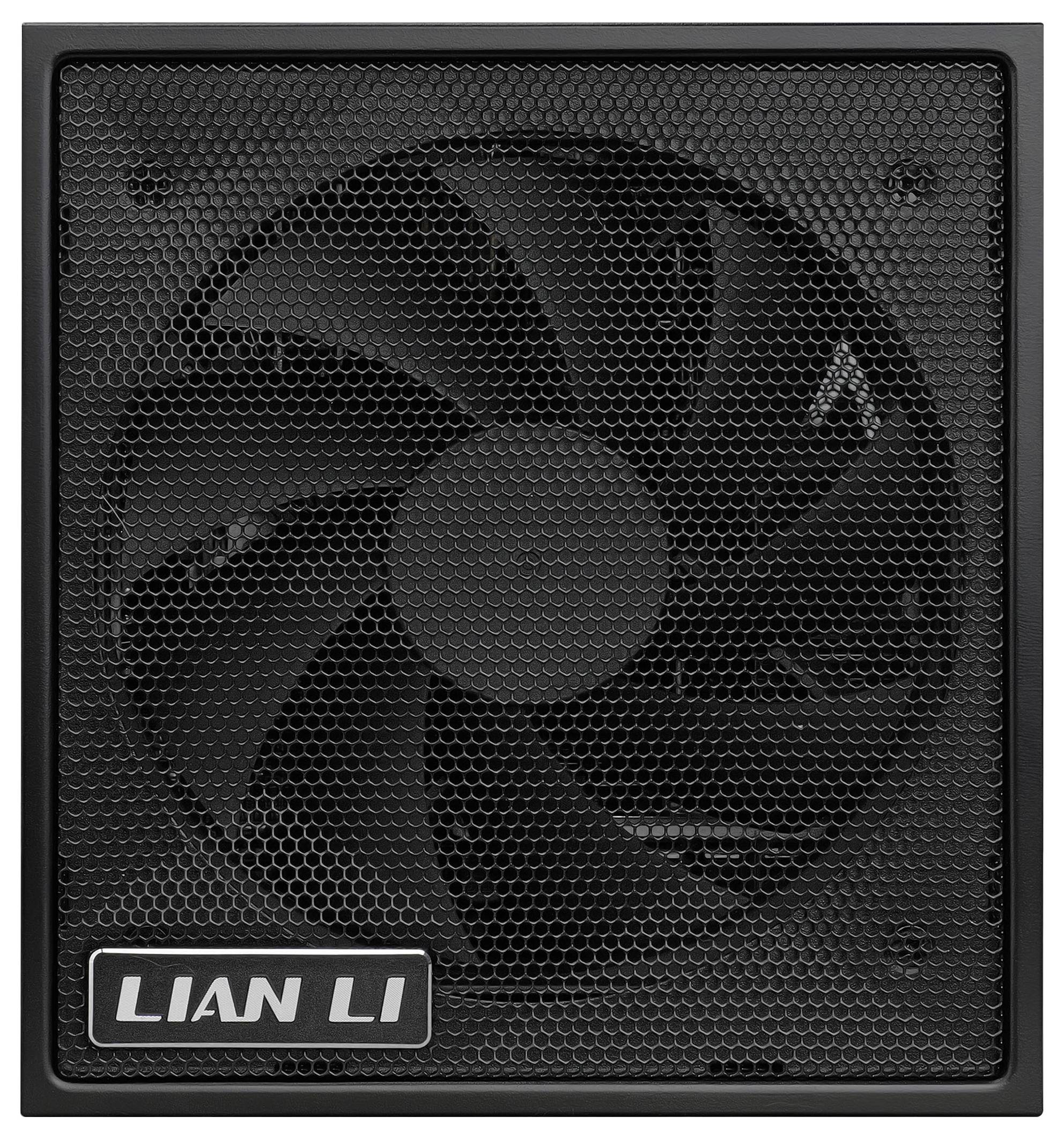 Ein schwarzer Computerlüfter, der durch ein Metallgitter betrachtet wird, mit dem Logo 