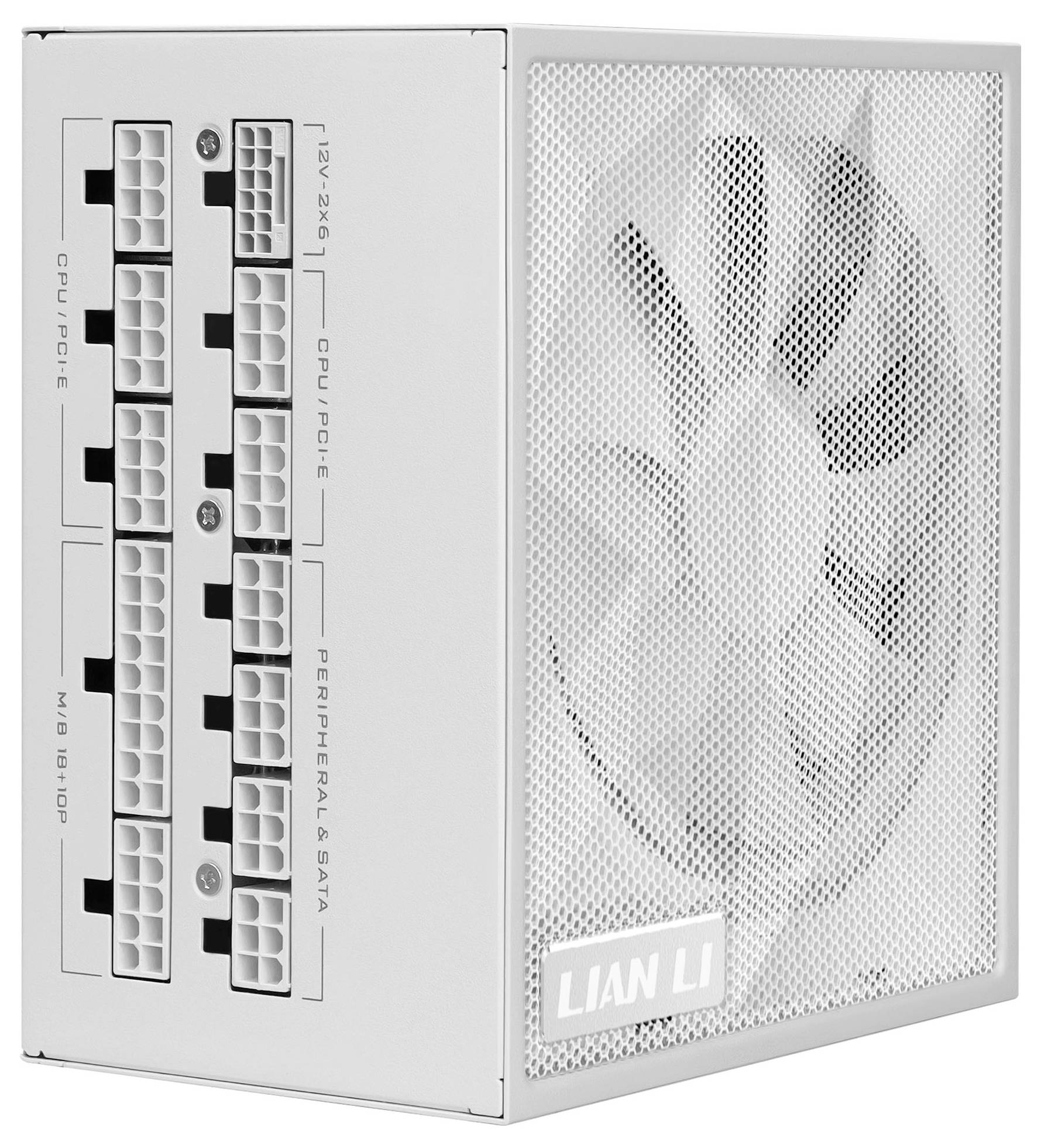 Lian Li Computer-Netzteil in Weiß mit mehreren modularen Steckverbindungen für CPU, PCIe, Peripherie und SATA.