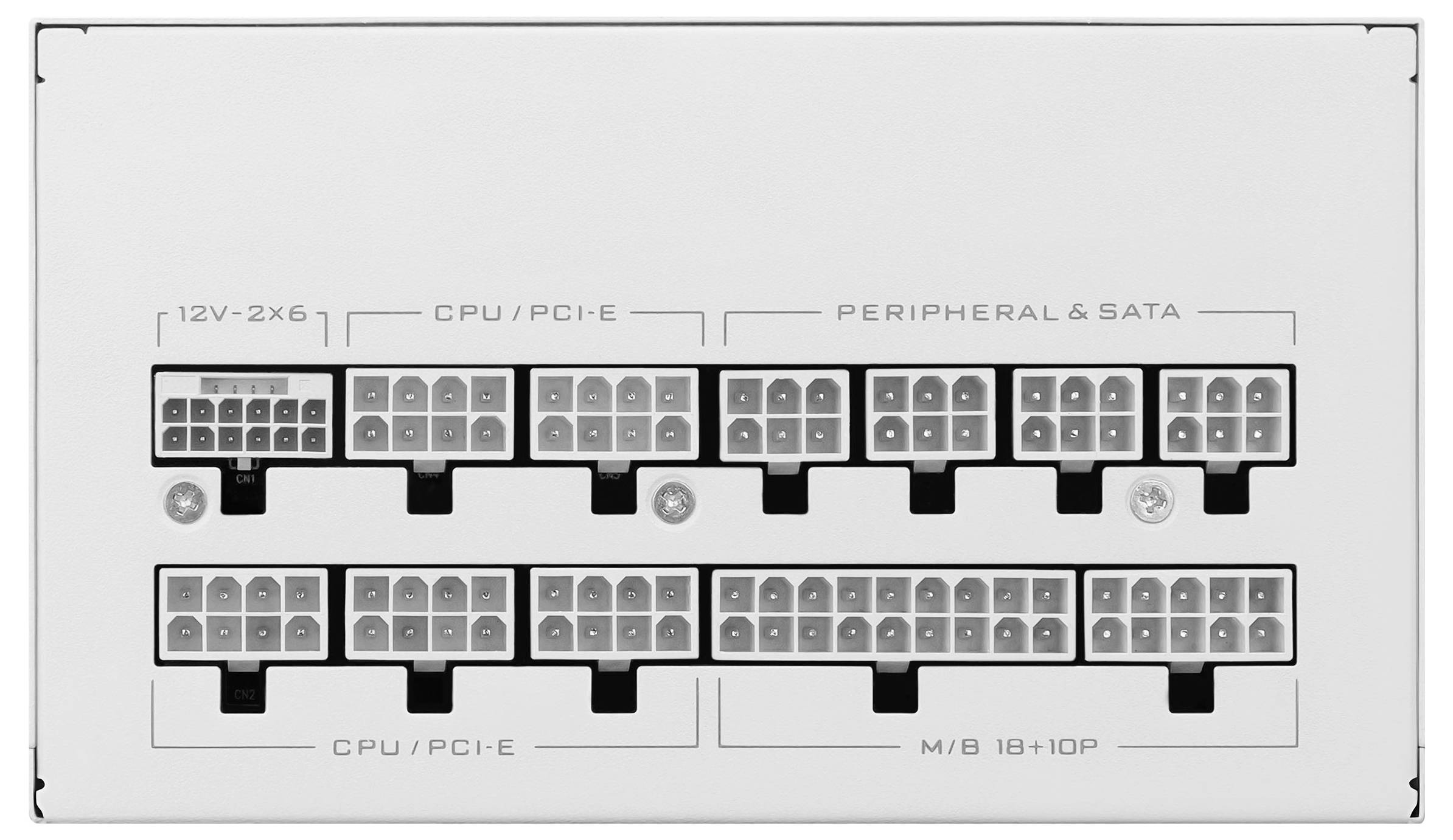 Stromversorgungsstecker-Anschlussfeld mit sechs Steckplätzen, auf der Seite mit MB Signal und Lian Li beschriftet.