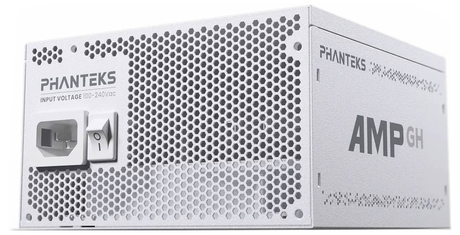 Ein Phanteks AMP GH Netzteil mit weißem, perforierten Design. Der Eingangsspannungsbereich beträgt 100-240V AC.