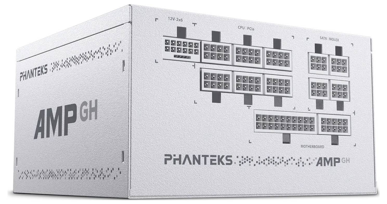 Weiße Phanteks AMP GH Stromversorgungseinheit mit mehreren beschrifteten Kabelverbindungen, einschließlich CPU, PCIe und SATA/Molex.