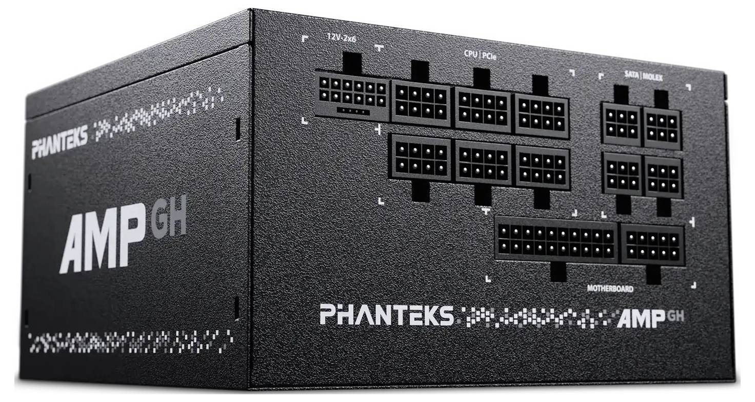 Netzteil 'Phanteks AMP GH' mit beschrifteten modularen Anschlussanschlüssen für Motherboard, CPU/PCIe und SATA/Molex auf einem schwarzen Gehäuse.