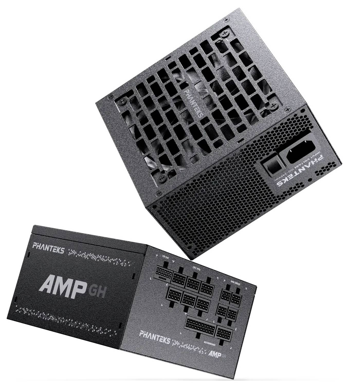 Schwarzes Phanteks AMP GH modulares Netzteil von zwei Winkeln gezeigt, wobei die belüftete Oberseite, das Lüftergitter und die Kabelanschlussanschlüsse hervorgehoben werden.
