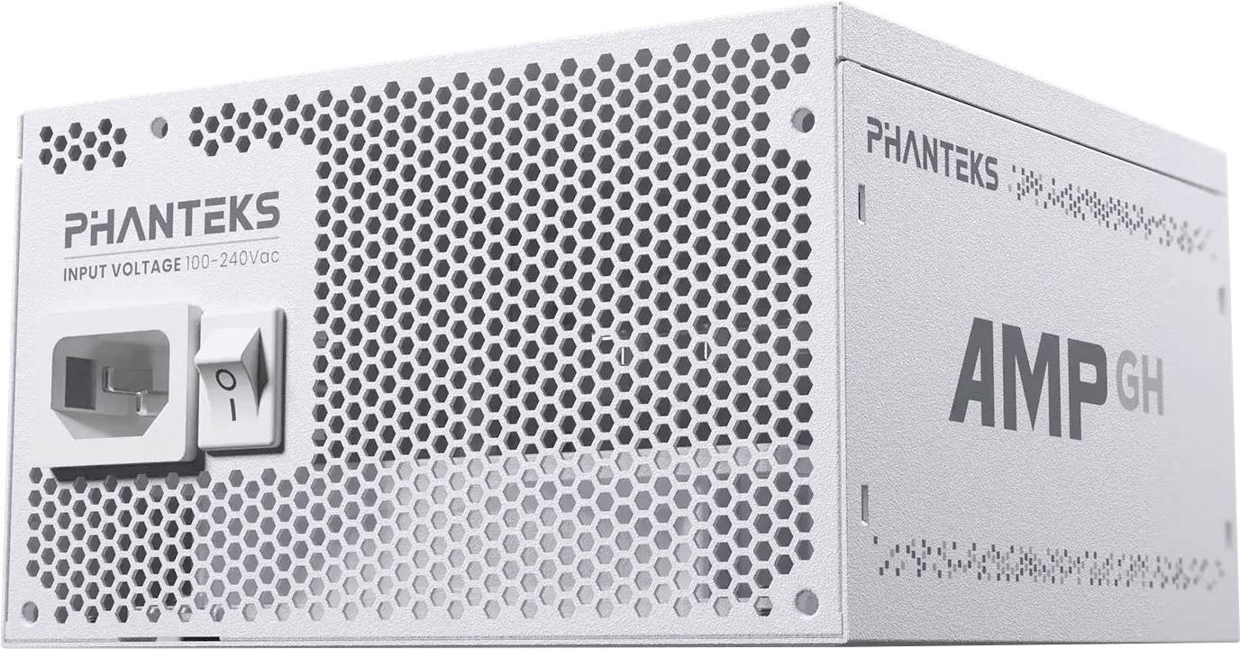 Silbernes Phanteks AMP GH-Netzteil mit perforierter Wabenlüftung und sichtbarem AC-Eingangschalter an der Vorderseite.