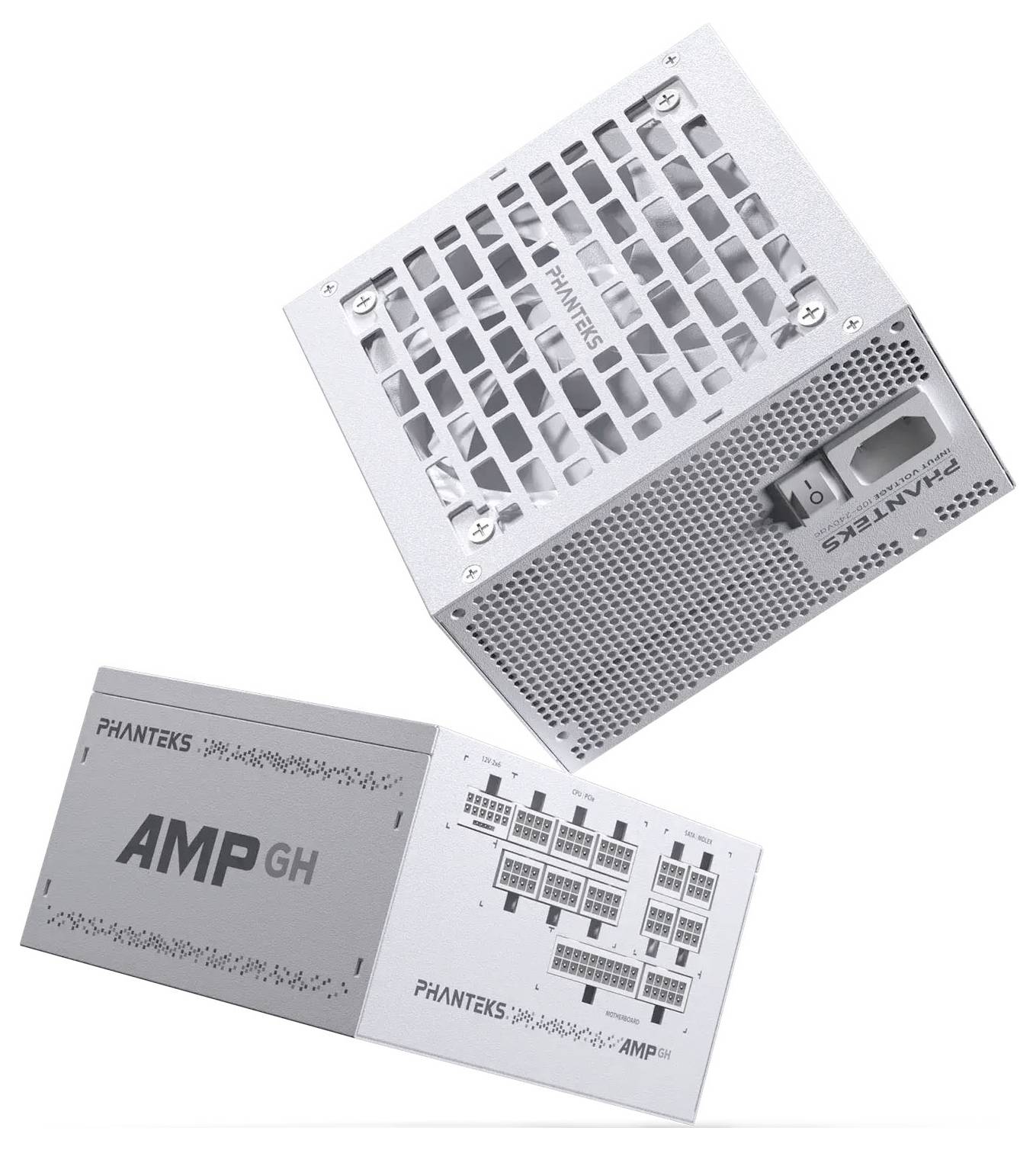 Werbebilder der Phanteks AMP GH-Stromversorgungseinheiten, die drei silberne Netzteile aus verschiedenen Blickwinkeln zeigen mit Gitter, Branding und Anschlussdiagramm.