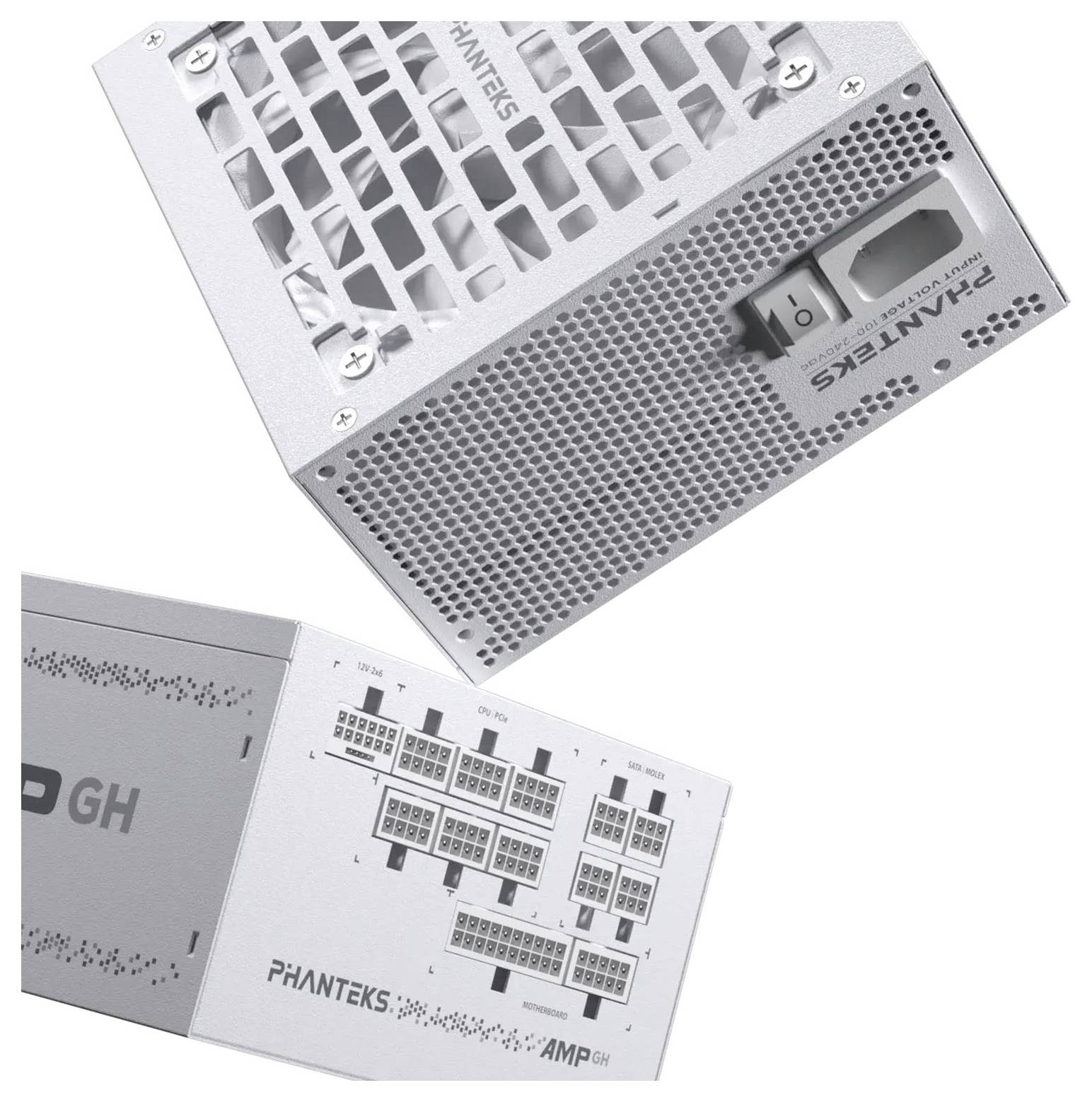 Zwei Ansichten eines Phanteks AMP GH Netzteils: eine belüftete silberne Einheit mit Schalter und Diagramm des modularen Anschlussaufbaus.