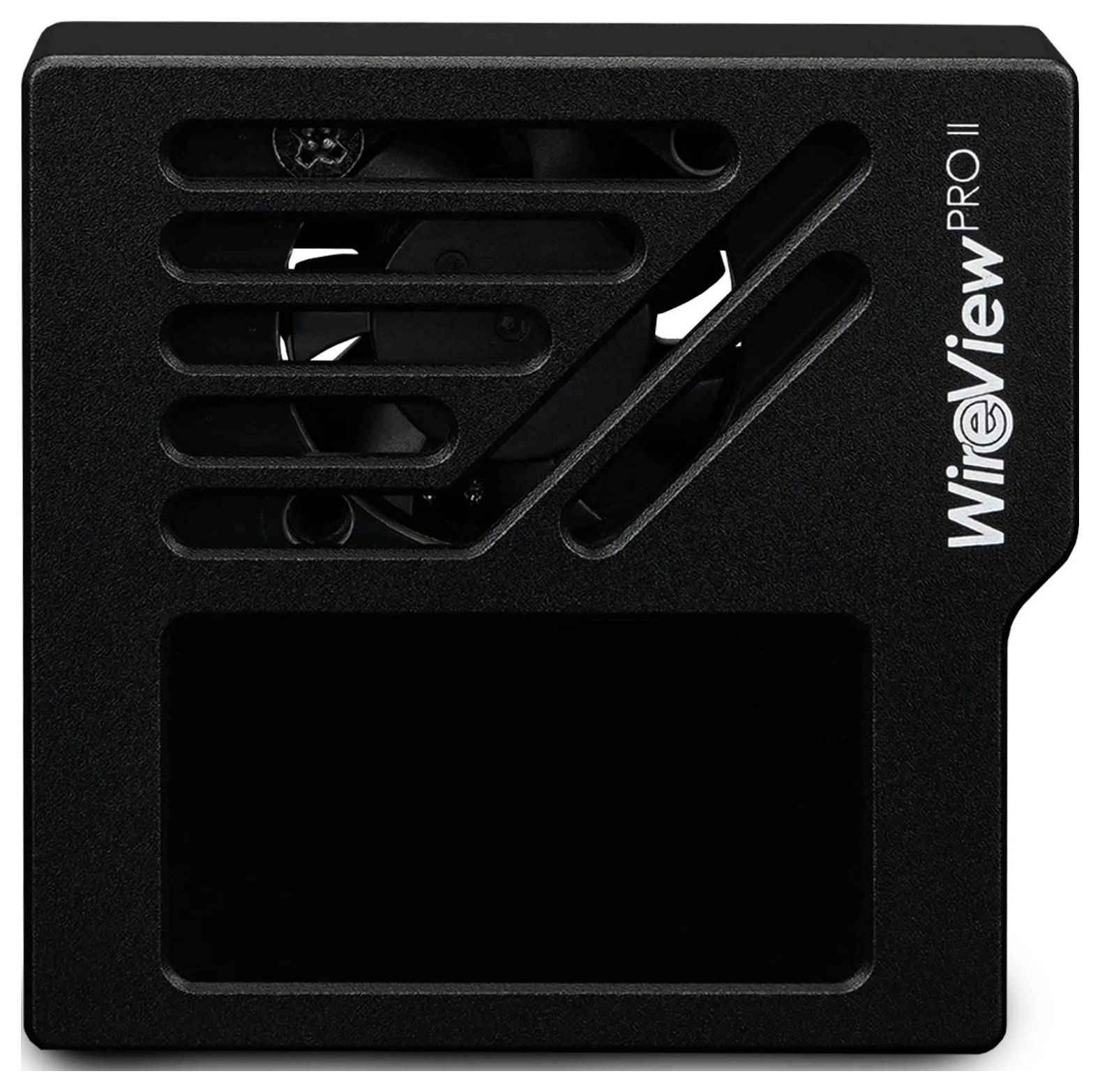 Ein kompaktes, schwarzes WiFiView PRO II-Gerät mit sichtbaren Lüftungsschlitzen und Lüfter, das zur Verbesserung der Wi-Fi-Konnektivität und Leistung verwendet wird.