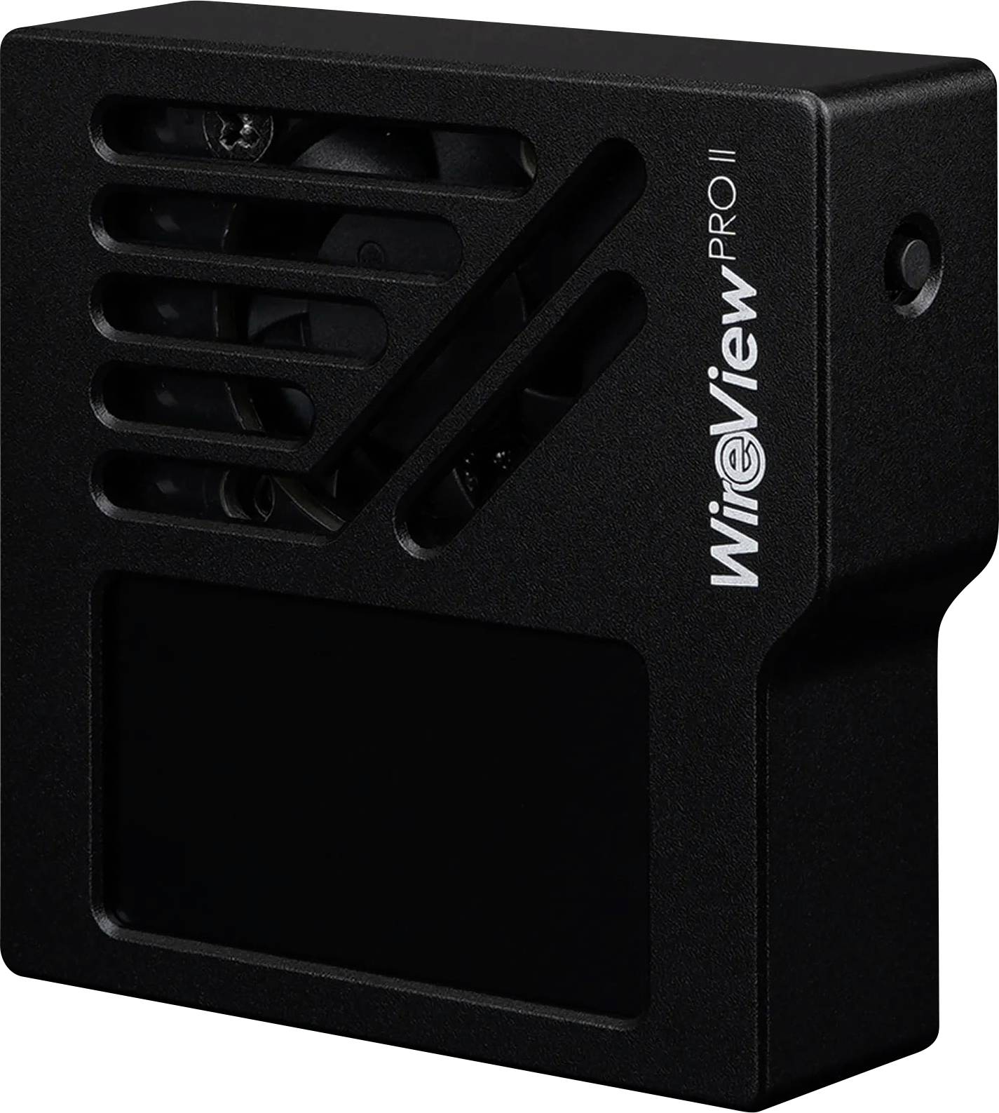 Ein schwarzes WrioView PRO II-Gerät, das sein kompaktes, rechteckiges Design mit einem Gitter und einem vorderen Etikett mit der Modellbezeichnung zeigt.
