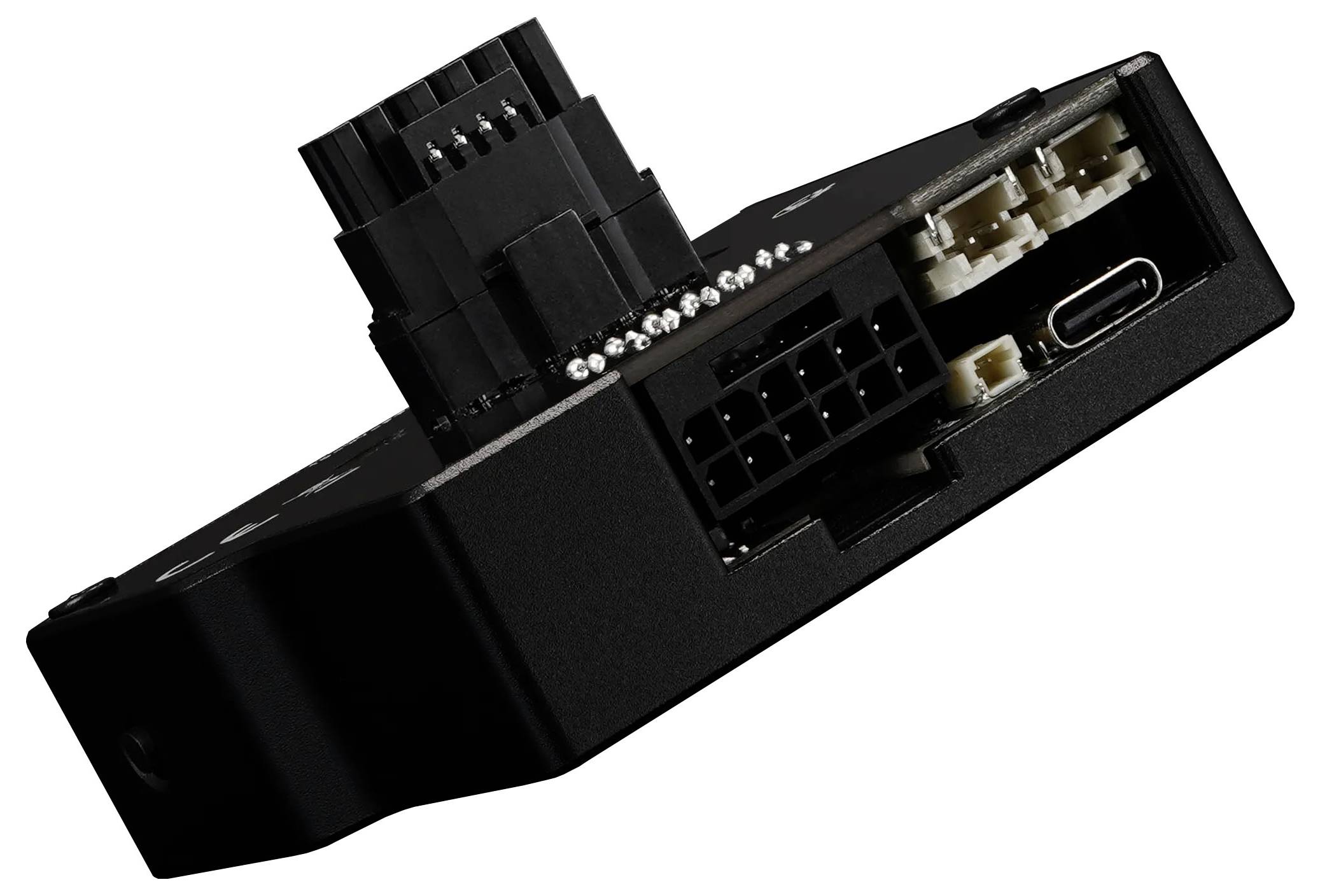 Ein schwarzes elektronisches Bauteil mit verschiedenen Anschlüssen und Ports, einschließlich USB-C, geeignet zur Integration in größere Systeme.
