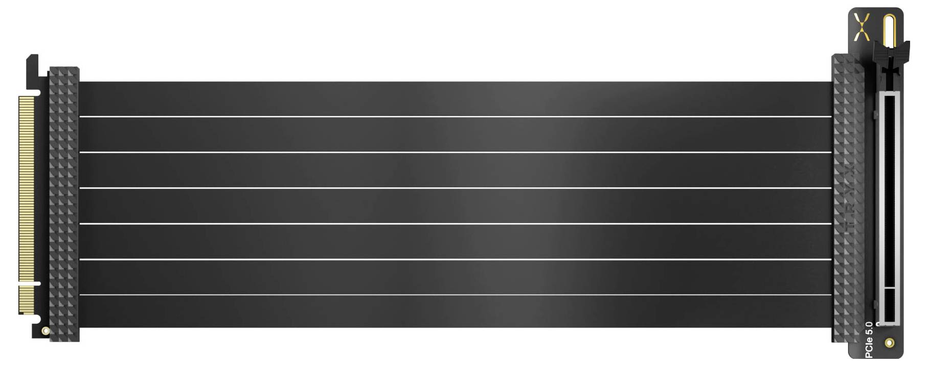 Ein schwarzes PCIe-Verlängerungs- oder Riser-Kabel für Computer mit Anschlüssen an beiden Enden, das zur Verlängerung von Hardwareverbindungen im Computergehäuse verwendet wird.