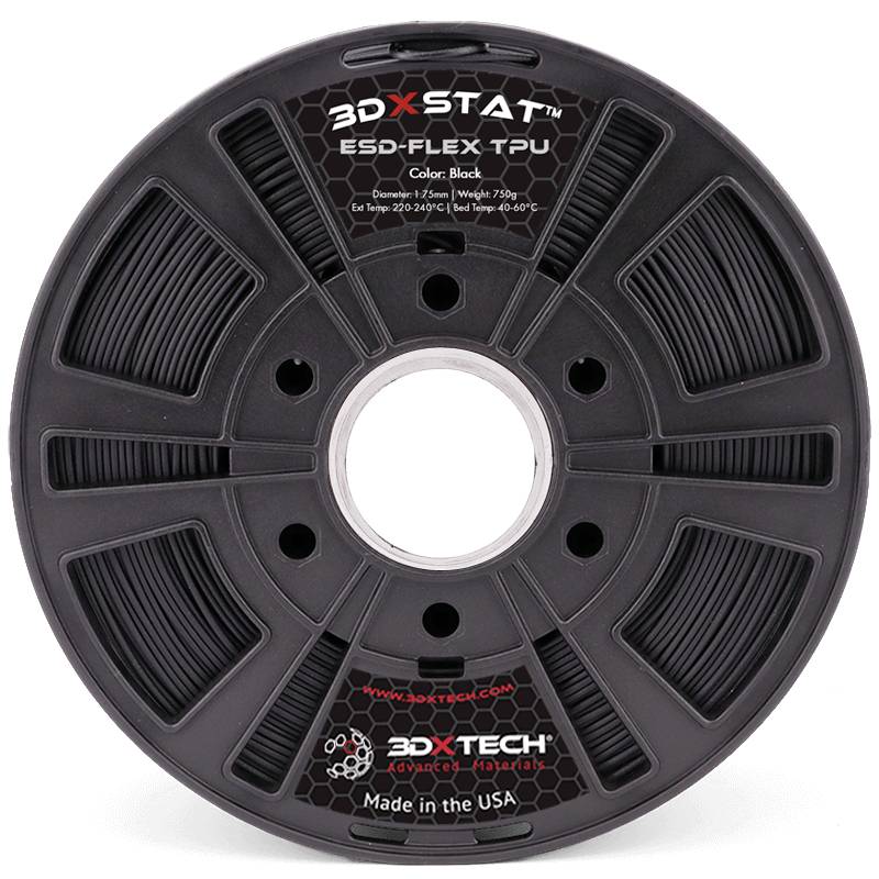 Schwarze 3DXSTAT ESO-Flex TPU-Filamentspule mit der Beschriftung „Color: Black
