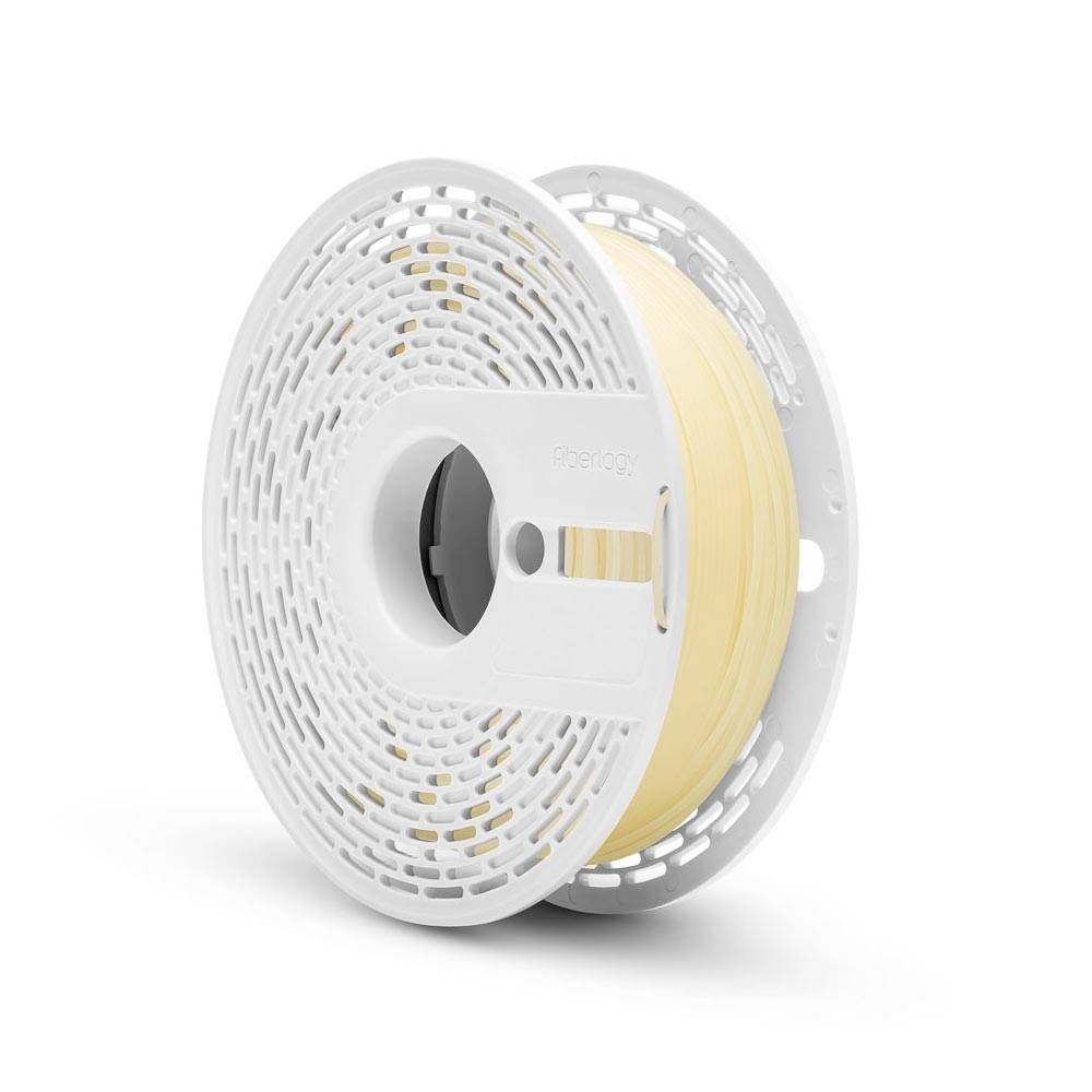 Weiße 3D-Druckerfilamentspule mit transluzenter beigefarbener Filament auf weißem Hintergrund.