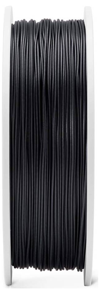 Spule schwarzes 3D-Druckerfilament, aufgewickelt zwischen zwei weißen Seitenflansche.