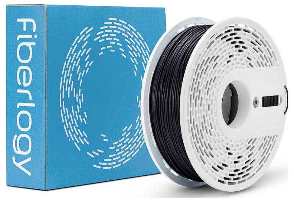 Eine Spule schwarzes 3D-Druckfilament in weißer Spulenverpackung neben einer blauen Fiberlogy-Schachtel.