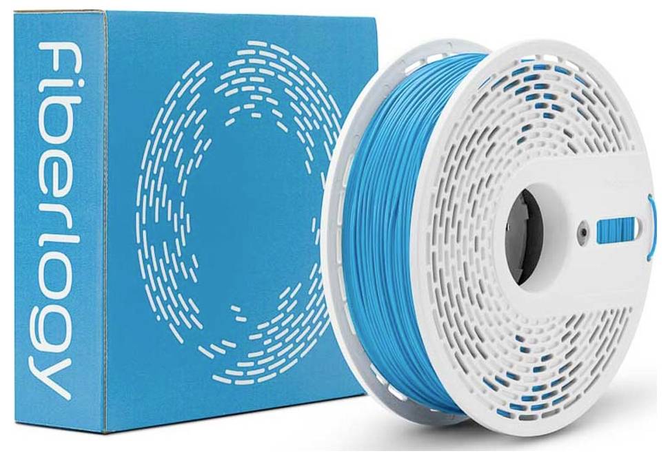 Fiberlogy 3D-Druckerfilament-Spule in blauweißer Verpackung, neben der Markenbox gezeigt.