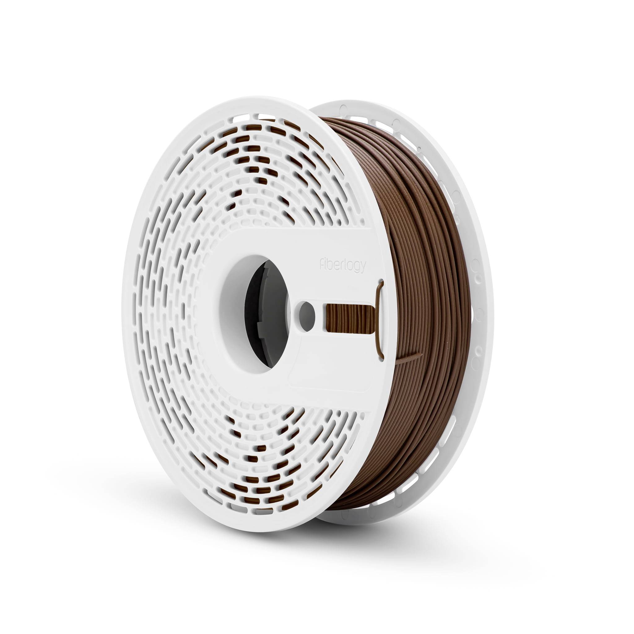 Spule mit braunem 3D-Druckfilament auf einer weißen Spule, isoliert auf einfachem Hintergrund dargestellt.