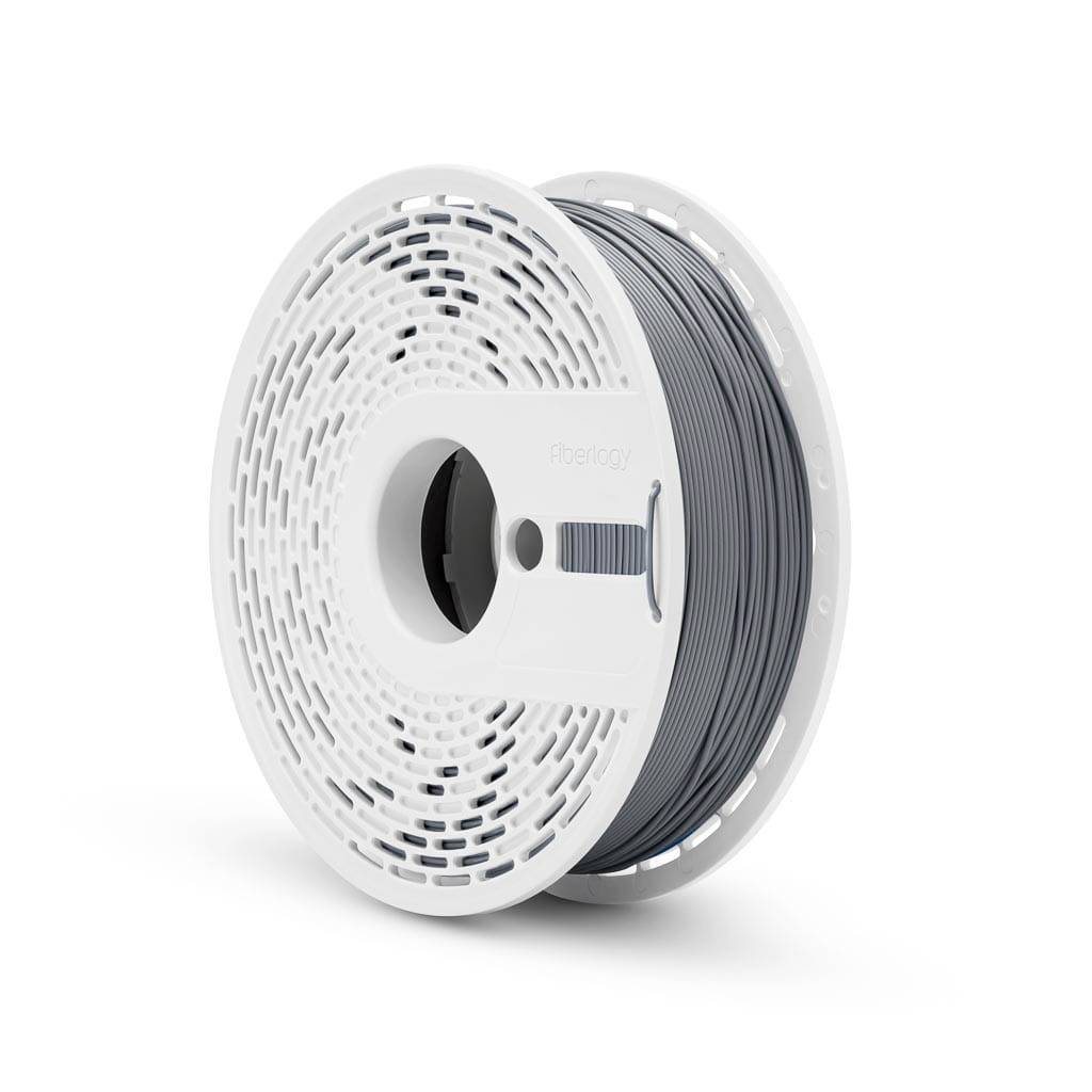 Spule mit grauem 3D-Druckfilament auf einer weißen Spule, isoliert auf weißem Hintergrund dargestellt.