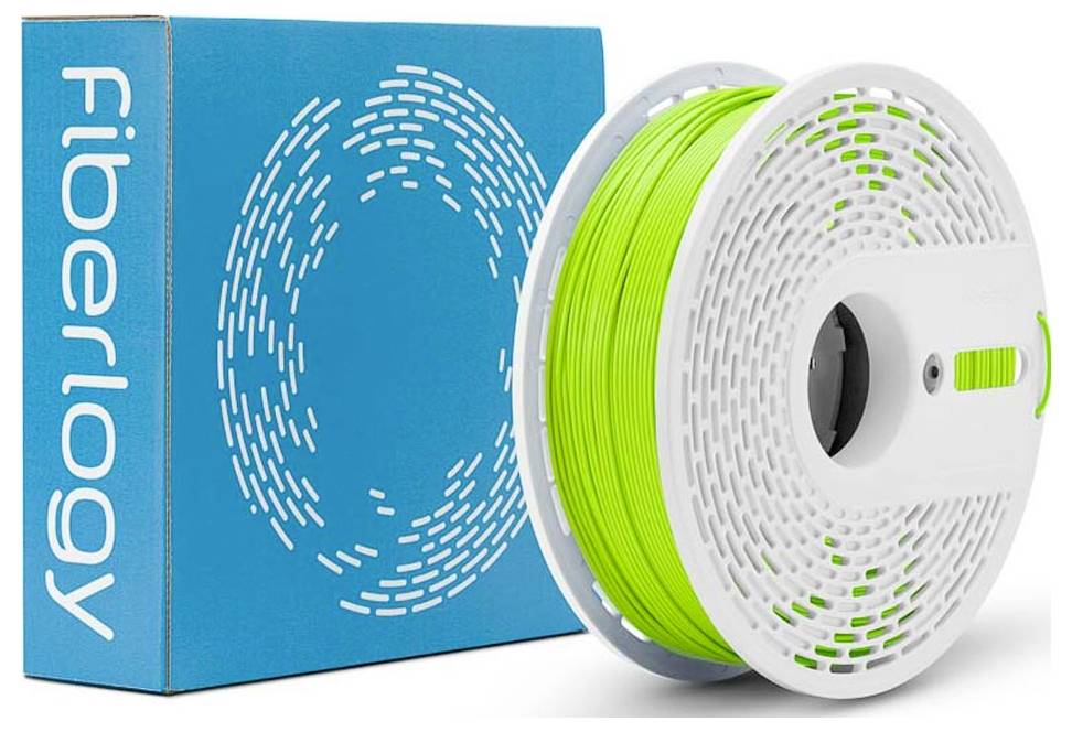 Blaue Fiberlogy-Filamentbox neben einer weißen Spule leuchtend grünem 3D-Druckermaterial auf weißem Hintergrund.
