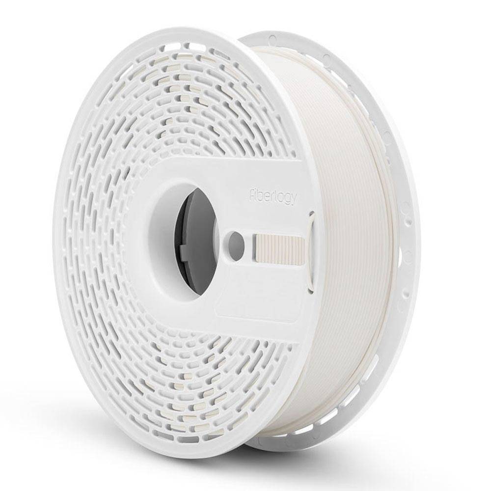 Weiße 3D-Drucker-Filamentspule mit belüftetem Kunststoffring und teilweise sichtbarem, durchscheinendem Filament, das darum gewickelt ist.