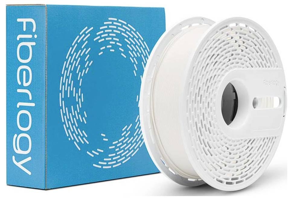 Fiberlogy-Filamentspule neben blauer Produktbox mit Fiberlogy-Logo auf weißem Hintergrund.