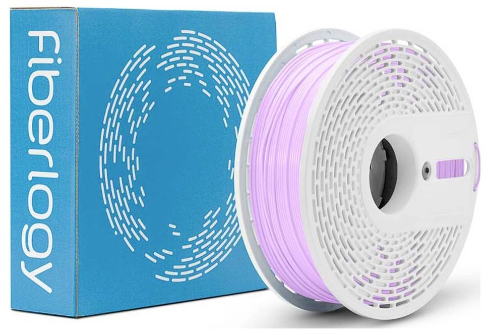 Eine Schachtel Fiberlogy-Filament neben einer Spule aus hellem lila 3D-Drucker-Filament.