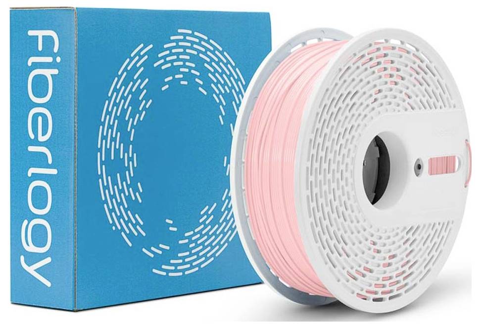 Fiberlogy-gekennzeichnete 3D-Druckerfilament-Box neben einer Spule mit rosa Filament auf weißem Hintergrund.
