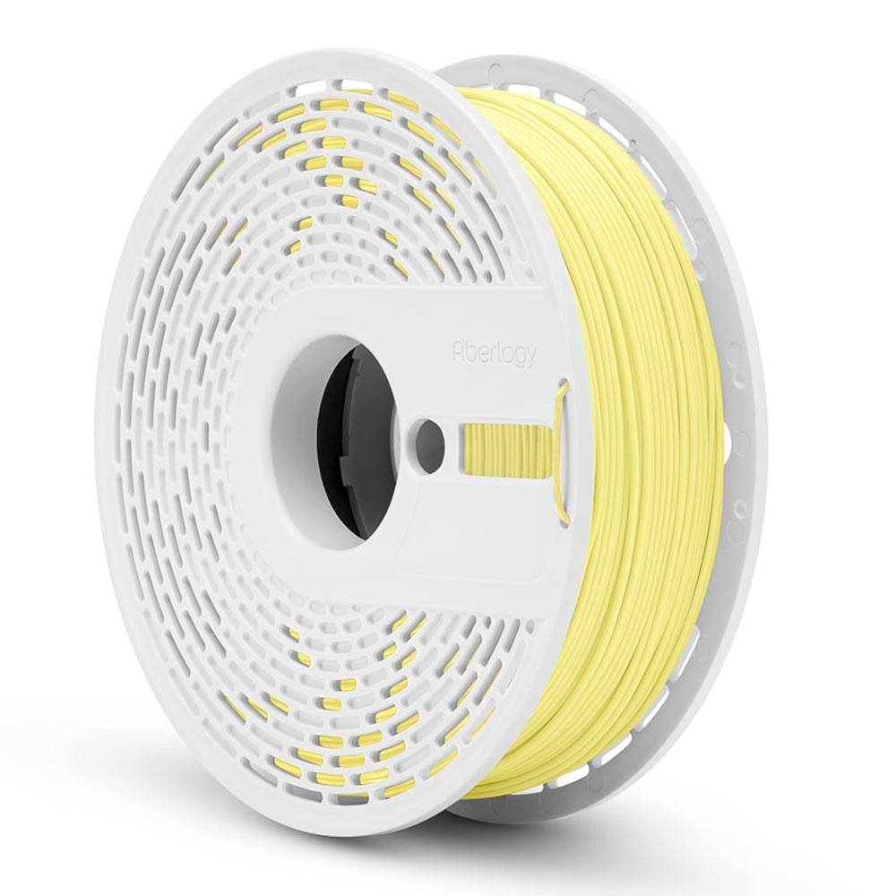 Spule mit gelbem 3D-Druckfilament auf einer weißen Spule vor weißem Hintergrund.