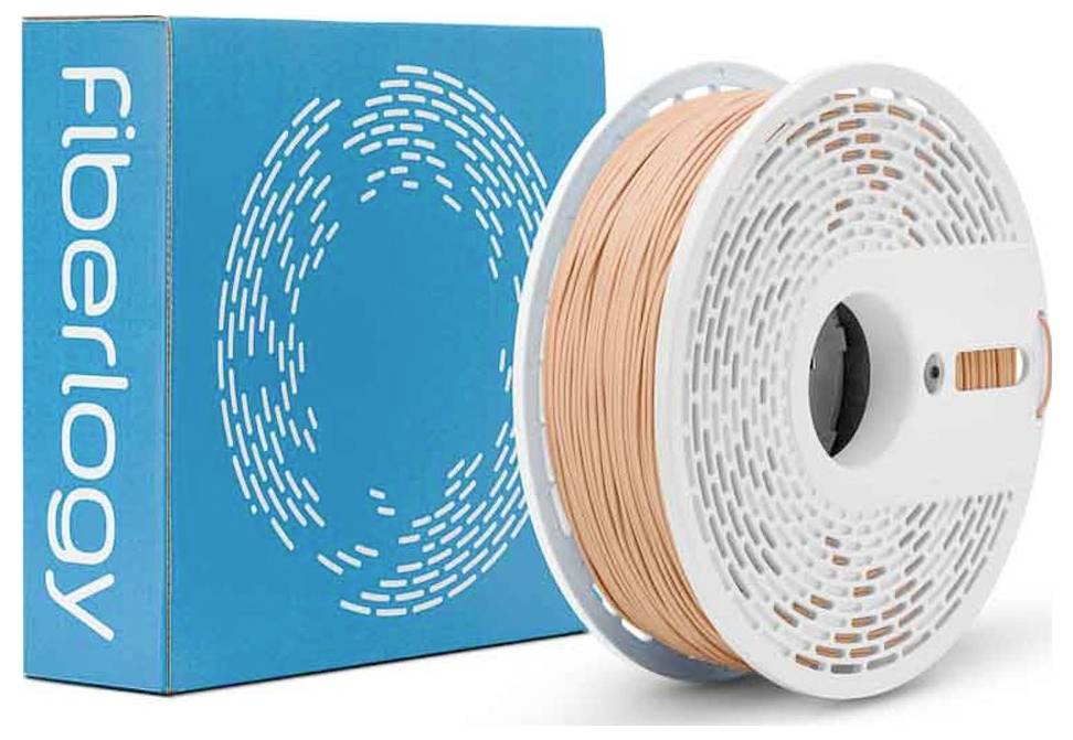 Spule pfirsichfarbenes Fiberlogy 3D-Druckfilament neben einer blauen Fiberlogy-Box auf weißem Hintergrund.