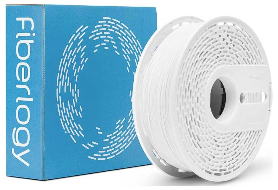 Fiberlogy 3D-Drucker-Filamentspule in Weiß neben einer blauen Produktbox mit dem Fiberlogy-Logo