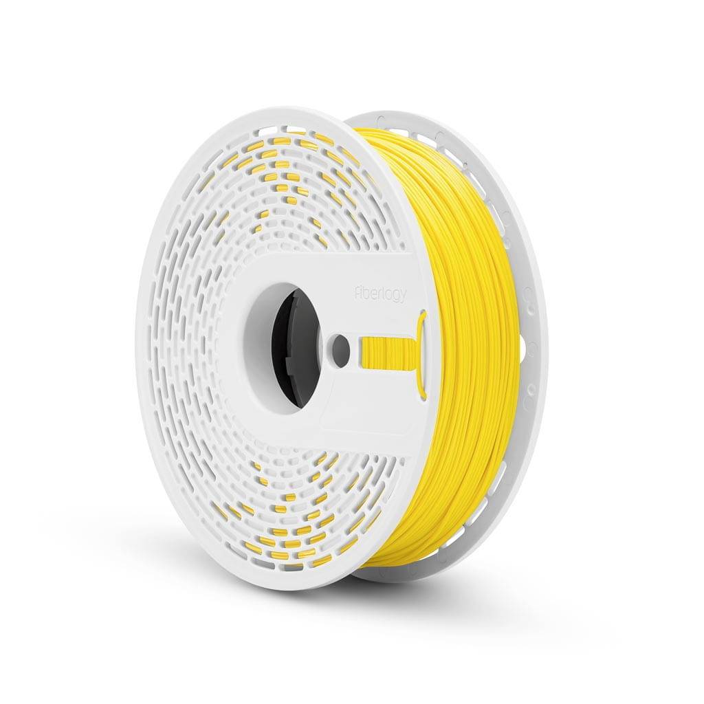 Spule mit leuchtend gelbem Filament auf einer weißen Kunststoffspule, gezeigt in einer produktgestalteten Ansicht vor neutralem Hintergrund.