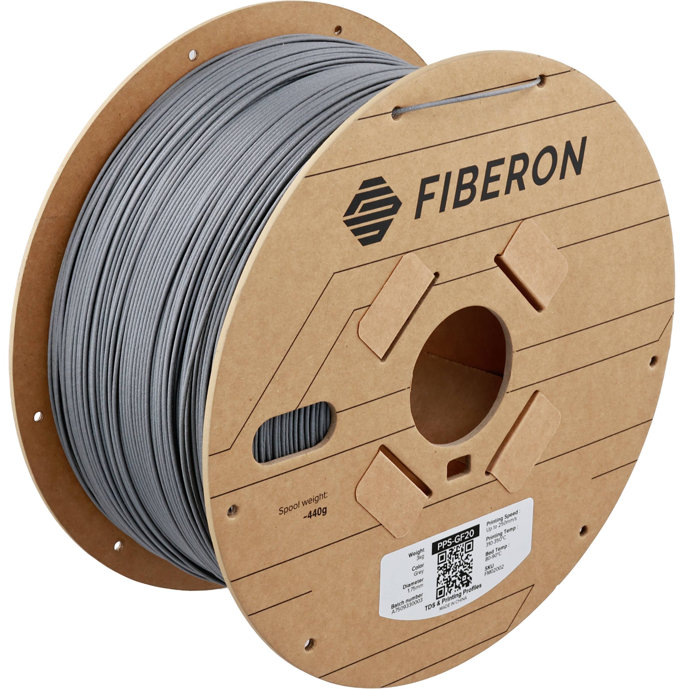 Spule mit grauem 3D-Druckerfaden auf einer Kartonrolle mit der Bezeichnung 