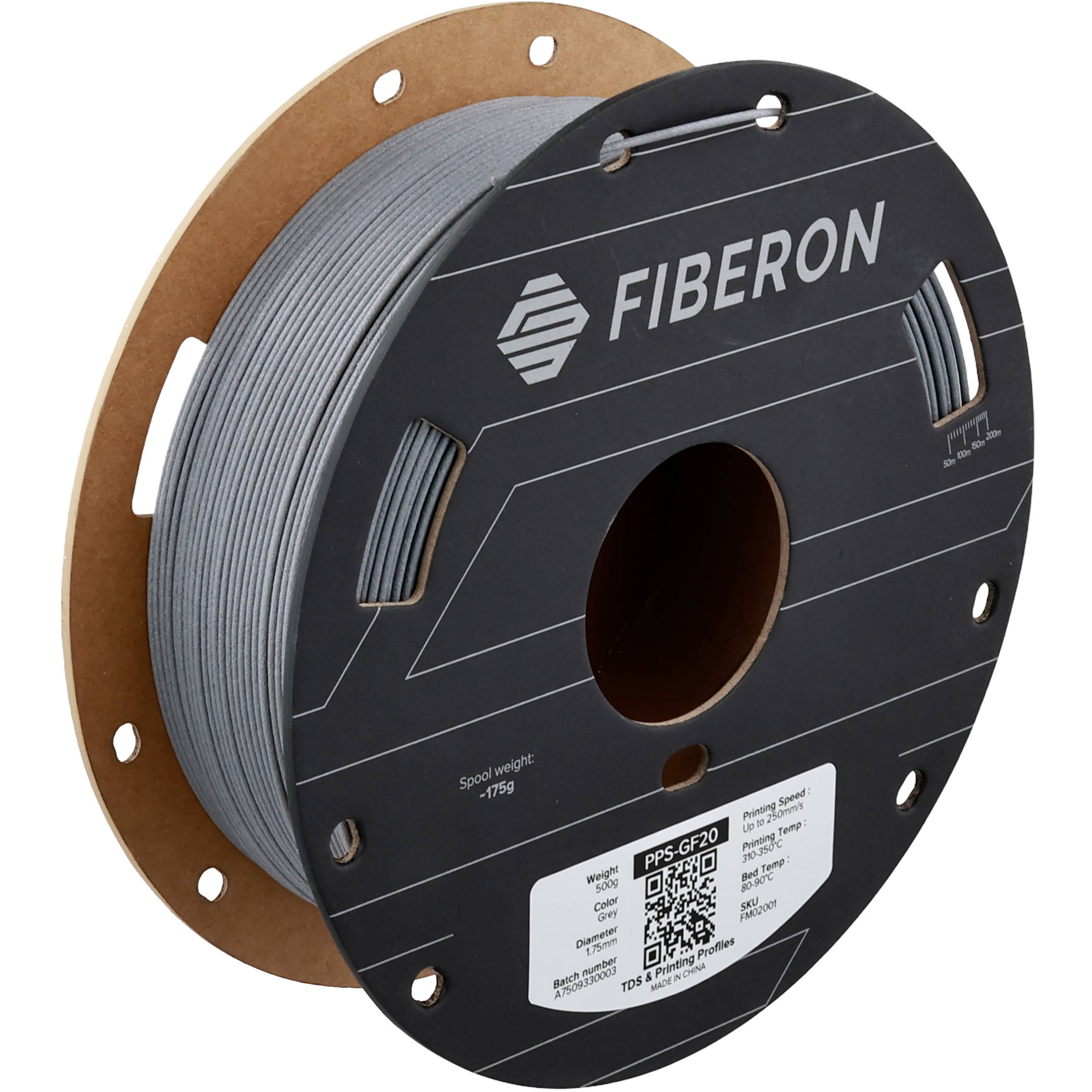 Spule mit grauem Verbundstoff-Deckmaterial von Fiberon auf einer schwarzen Rolle, mit Produktetikett und mittlerem Loch.