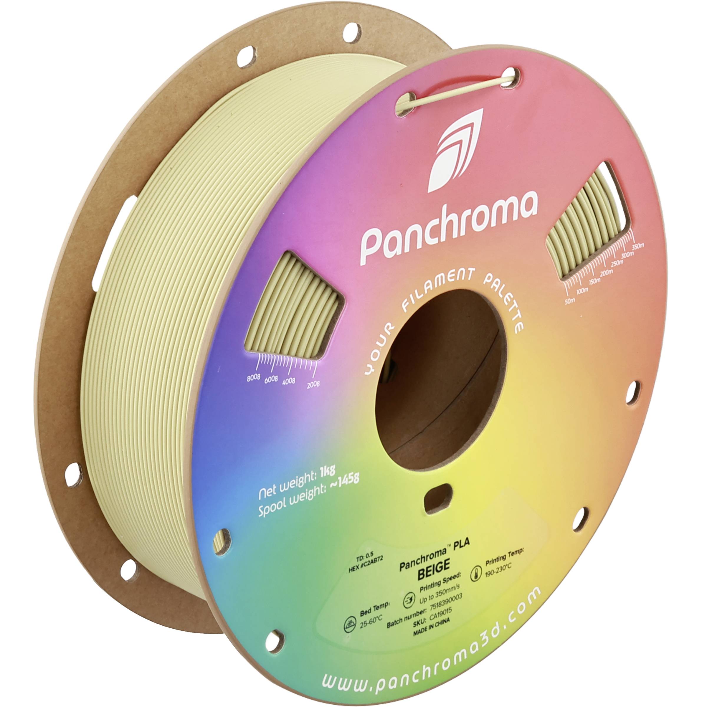 Farbenfrohe Panchroma 3D-Druckfilament-Spule mit der Aufschrift 