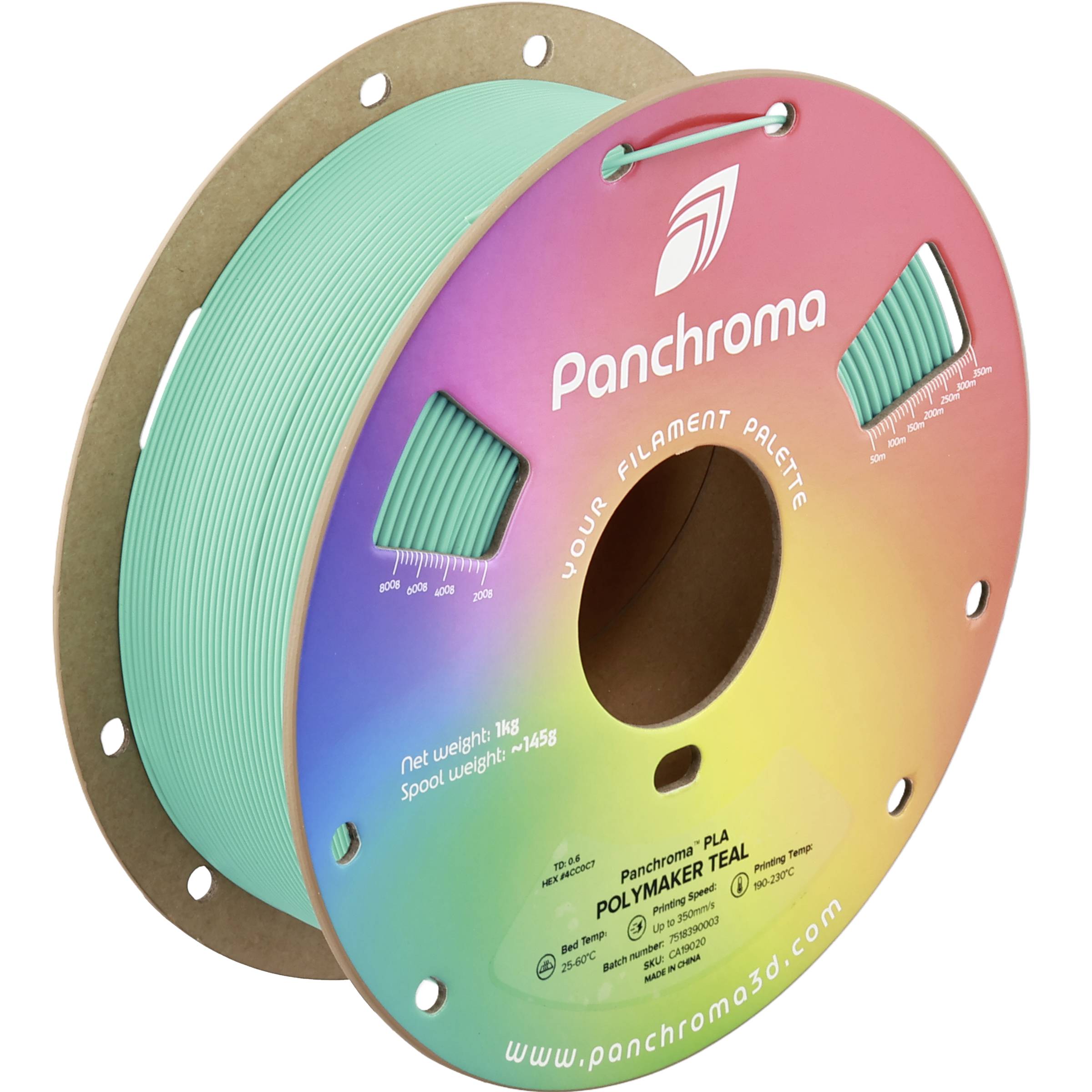 Farbenfrohe Panchroma 3D-Drucker-Filamentspule mit türkisfarbenem Filament auf einer Pappe-Spule, beschriftet mit 